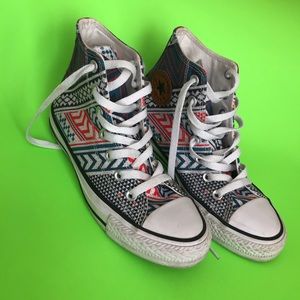 Brown Leather backed blue/orange print converse